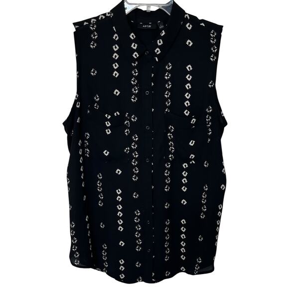 APT. 9 SLEEVELESS BUTTON-UP POINTED COLLAR BLOUSE, WOMENS, L, BLACK & WHITE - Picture 1 of 12
